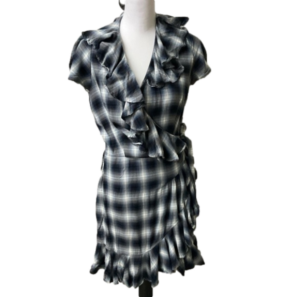 New Ralph Lauren Denim Supply Dress Women Sz M Blue Plaid Ruffle Cap Sleeve